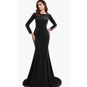 SSPBridal Black Velvet Mermaid Evening Prom Dress - Jewel Neck, Long Sleeves